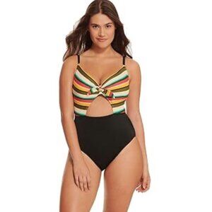 Beach Betty Striped Bow Front Cutout One-Piece Swimsuit Size XL NWT